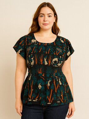 Anna Sui x Anthropologie Deer Habitat Peplum Silk Blouse - Size 2
